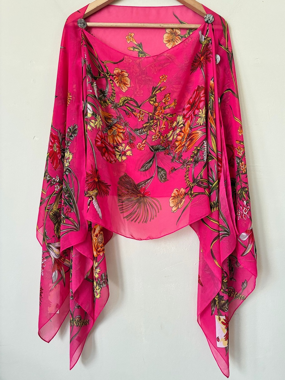 The Magic Scarf Pink Floral Hummingbird Silky 6 Button Poncho Cape Wrap Fairy